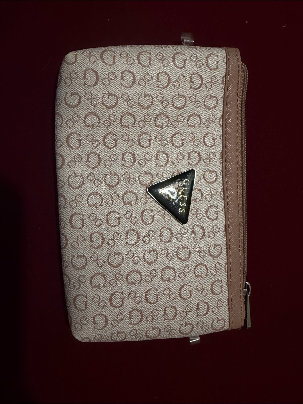 GUESS Beige Logo Print Zip-Around Wallet with Gold Triangle Plaque